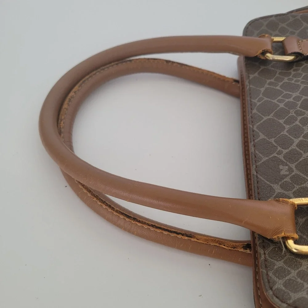 Nina Ricci Vintage‎ Brown Textured Satchel Bag Top Handle Logo Print Handbag